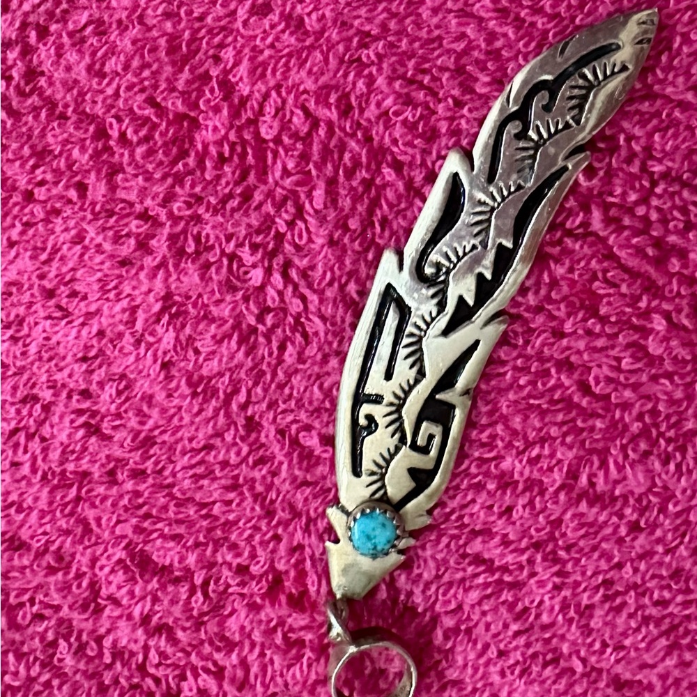Silver 925 Feather Pendant with Turquoise Accent